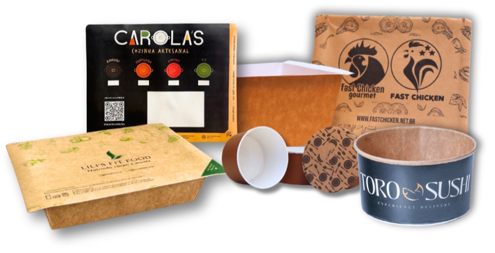 Embalagens personalizadas de clientes: Carolas Cozinha Artesanal, Fast Chicken, Lili's Fit Food e Toro Sushi